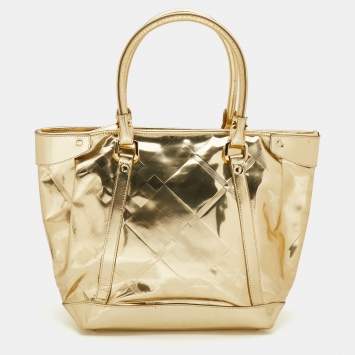 Pre Owned Burberry Metallic Gold Beat Check Mirror Patent Leather Ember Tote