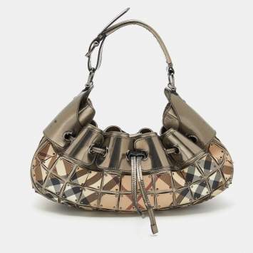 Pre Owned Burberry Beige/Metallic Grey Super Nova Check PVC And Leather Mini Warrior Studded Hobo