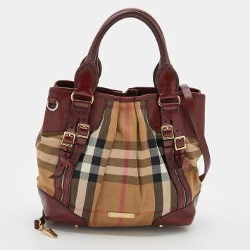 Pre Owned Burberry Burgundy House Check Fabric Bridle Whipstitch Tote