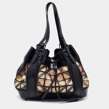 Pre Owned Burberry Black Nova Check Canvas and Leather Large Studded Warrior Armor Hobo