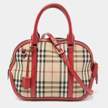 Pre Owned Burberry Beige/Red Horseferry Check Canvas and Leather Small Orchard Bowler Bag