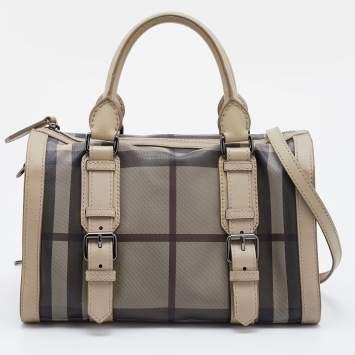 Pre Owned Burberry Beige Smoked Check PVC and Leather Chester Boston Bag