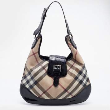 Pre Owned Burberry Black/Beige Nova Check PVC and Patent Leather Brooke Hobo