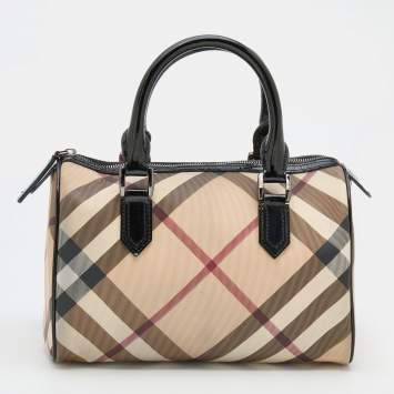 Pre Owned Burberry Black/Beige Nova Check PVC and Patent Leather Chester Boston Bag