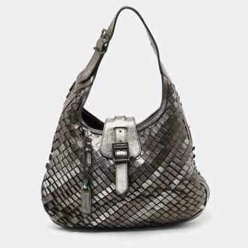Pre Owned Burberry Metallic Grey Leather Brooke Hobo
