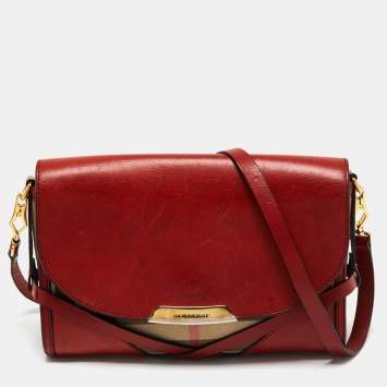 Pre Owned Burberry Red House Check Canvas and Leather Small Abbott Crossbody Bag