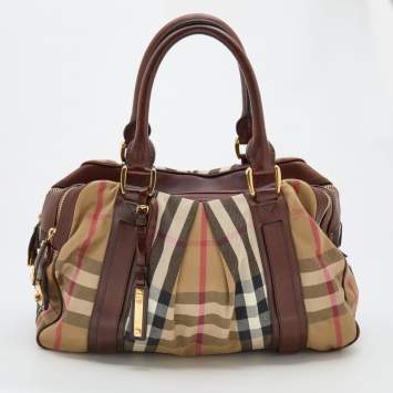 Pre Owned Burberry Beige/Dark Brown Nova Check Canvas and Leather Satchel