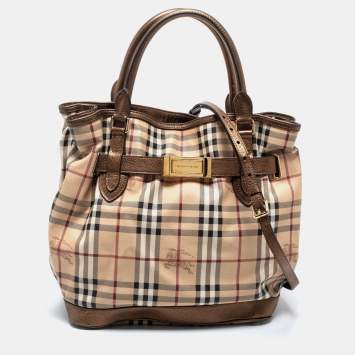 Pre Owned Burberry Beige/Metallic Brown Haymarket Check PVC and Leather Medium Golderton Tote
