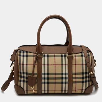 Pre Owned Burberry Beige/Tan Horseferry Check Nylon and Leather Medium Alchester Bowling Bag