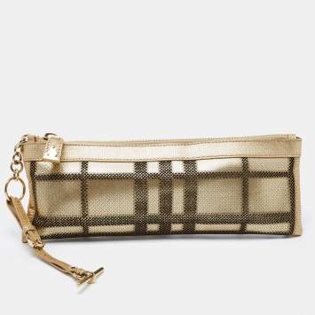 Pre Owned Burberry Gold Perforated Nova Check Leather Clutch Bag