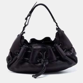 Pre Owned Burberry Black Leather Warrior Drawstring Hobo