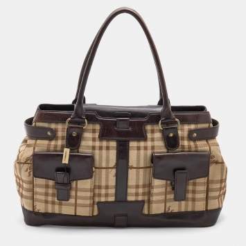 Pre Owned Burberry Beige/Dark Brown Haymarket Check Fabric and Leather Double Pocket Tote