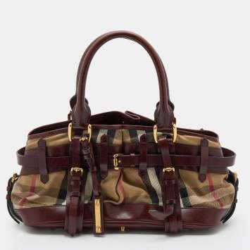 Pre Owned Burberry Beige/Brown House Check Canvas and Leather Bridle Satchel