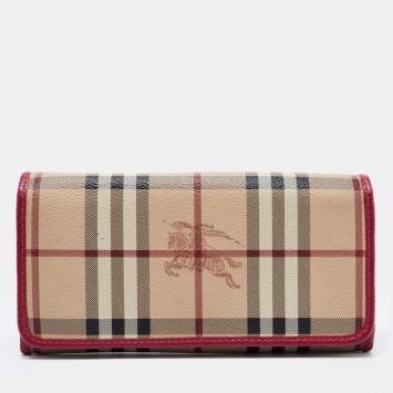 Pre Owned Burberry Fuchsia/Beige Haymarket Check Coated Canvas and Leather Flap Continental Wallet