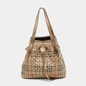 Pre Owned Burberry Gold/Beige Laser Cut Haymarket Check Coated Canvas and Leather Drawstring Shoulder Bag