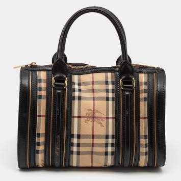 Pre Owned Burberry Brown/Beige Haymarket Check Coated Canvas and Leather Boston Bag