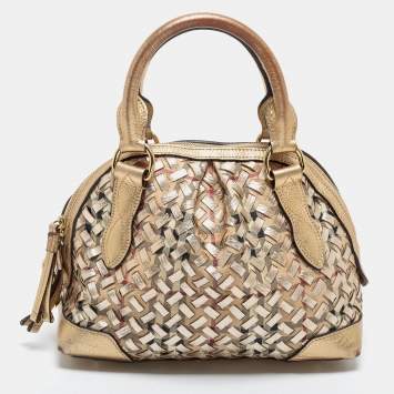 Pre Owned Burberry Metallic Gold Woven Haymarket check PVC and Leather Small Thornley Satchel