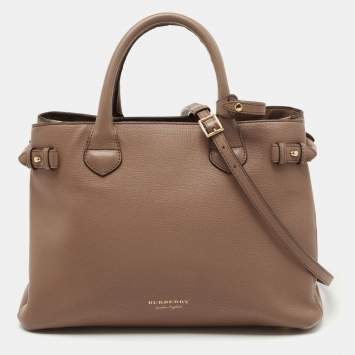 Pre Owned Burberry Beige Leather and House Check Canvas Medium Banner Tote