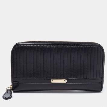 Pre Owned Burberry Black Striped Leather Zip Around Wallet
