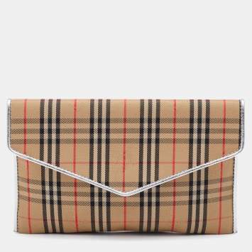 Pre Owned Burberry Beige/Silver Haymarket Canvas and Leather Envelope Flap Wallet