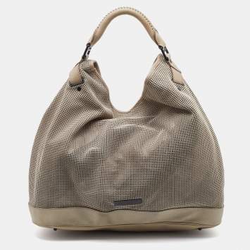 Pre Owned Burberry Beige Perforated Suede and Leather Oversized Hobo