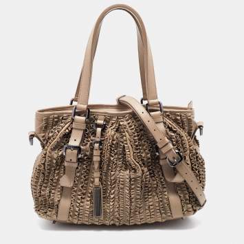 Pre Owned Burberry Beige Ruffled Leather Lowry Tote