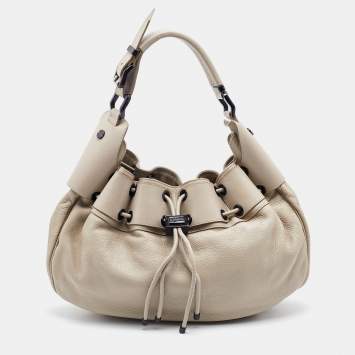 Pre Owned Burberry Light Beige Leather Drawstring Warrior Hobo