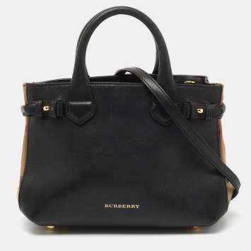 Pre Owned Burberry Black/Beige Leather and House Check Fabric Small Banner Tote