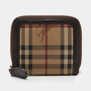 Pre Owned Burberry Brown/Beige Haymarket Check Coated Canvas and Leather Zip Around Wallet