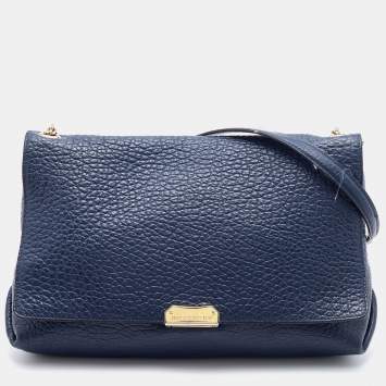 Pre Owned Burberry Navy Blue Leather Large Mildenhall Flap Shoulder Bag