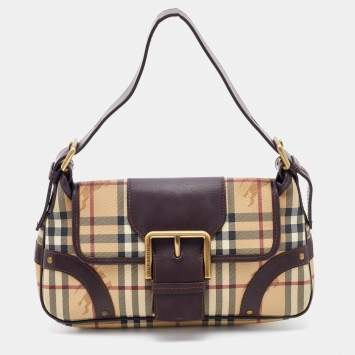 Pre Owned Burberry Beige/Brown Haymarket Check Coated Canvas and Leather Buckle Flap Shoulder Bag