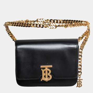 Pre Owned Burberry Black Leather TB Bum Chain Belt Bag