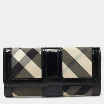 Pre Owned Burberry Black Beat Check Nylon and Patent Leather Penrose Continental Wallet