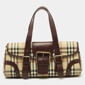 Pre Owned Burberry Brown/Beige Haymarket Check Coated Canvas and Leather Buckle Flap Shoulder Bag
