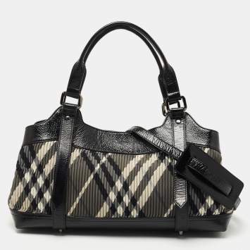 Pre Owned Burberry Black Beat Check Nylon and Patent Leather East/West Tote