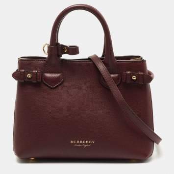 Pre Owned Burberry Burgundy/Beige Leather and House Check Fabric Small Banner Tote