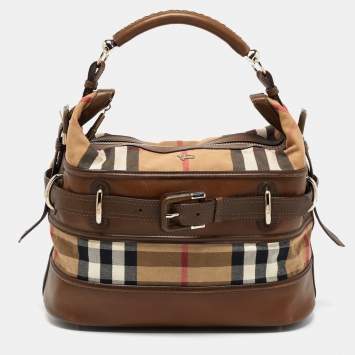 Pre Owned Burberry Beige/Tan House Check Canvas and Leather Hobo