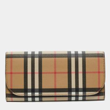 Pre Owned Burberry Beige Icon Stripe Coated Fabric Flap Continental Wallet