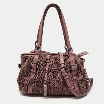 Pre Owned Burberry Old Rose Leather Ruffled Leather Lowry Tote