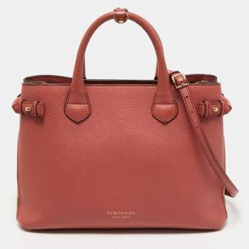 Pre Owned Burberry Peach/Beige Leather and House Check Fabric Medium Banner Tote