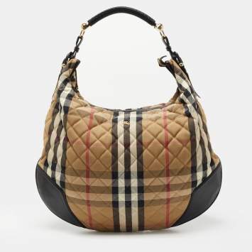Pre Owned Burberry Beige/Black House Check Fabric and Leather Oversize Hoxton Hobo