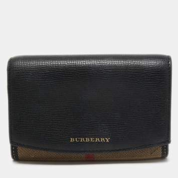 Pre Owned Burberry Beige/Black House Check Canvas and Leather Flap Wallet