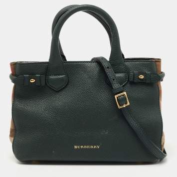 Pre Owned Bu Burberry Beige Leather and House Check Fabric Small Banner Tote
