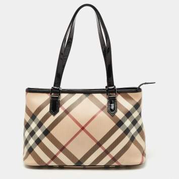 Pre Owned Burberry Black/Beige Nova Check Coated Canvas and Patent Leather Top Zip Tote