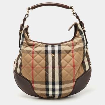 Pre Owned Burberry Beige/Brown House Check Canvas and Leather Hoxton Hobo