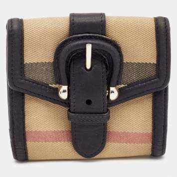 Pre Owned Burberry Beige/Black  Nova Check Canvas and Leather Buckle Compact Wallet