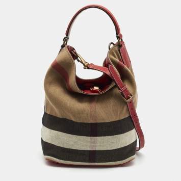 Pre Owned Burberry Red/Beige House Check Canvas and Leather Ashby Bucket Bag