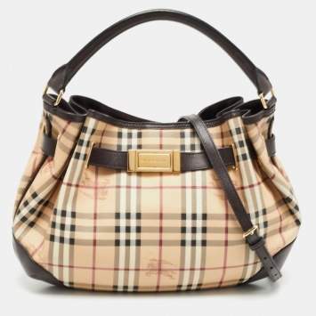 Pre Owned Burberry Beige/Brown Haymarket Check Coated Canvas and Leather Medium Willenmore Hobo
