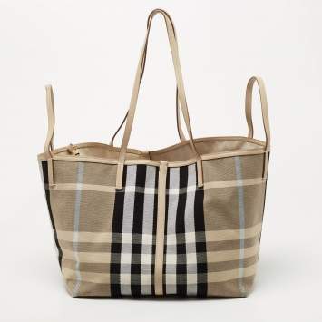 Pre Owned Burberry Beige Vintage Check Canvas and Leather Medium Beach Tote
