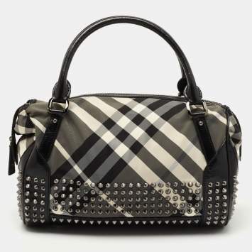 Pre Owned Burberry Black Nova Check Nylon and Leather Studded Satchel